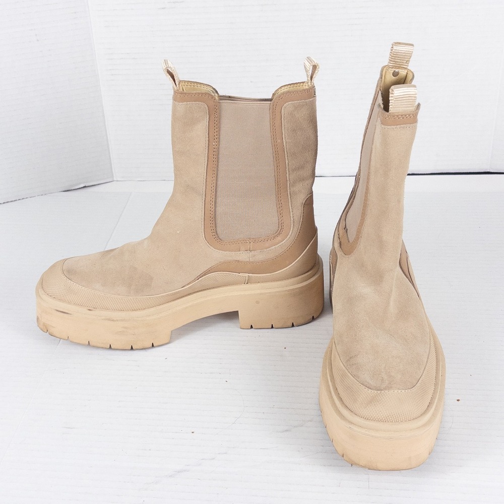 Sam Edelman Lulia Lug Sole Boots Women 8.5 Sesame Suede Chelsea Platform Chunky